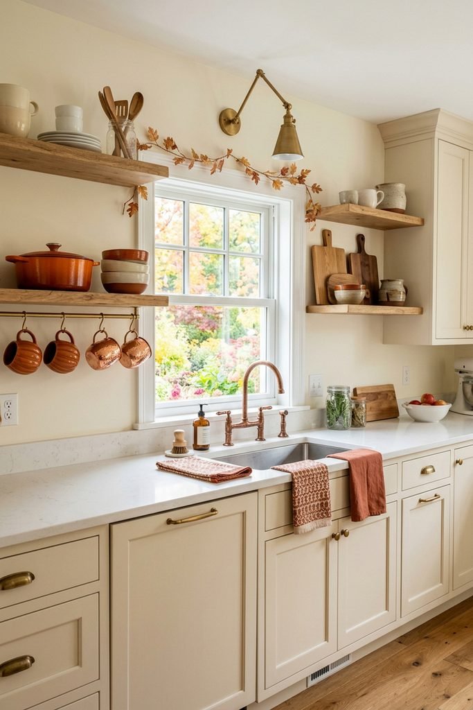 Bright kitchen with floating shelves, copper cups, a fall leaf garland, and warm-toned cookware.
