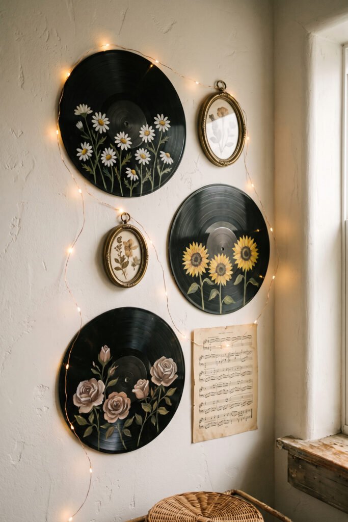 Close gallery wall with daisy, sunflower, and rose-painted vinyl records, oval botanical frames, sheet music, and warm string lights.