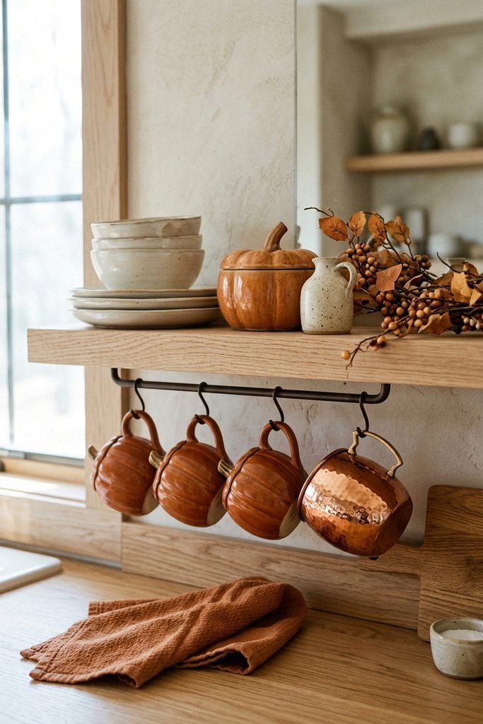 Close-up of a kitchen shelf with pumpkin-shaped mugs, dishes, and an autumn berry branch.