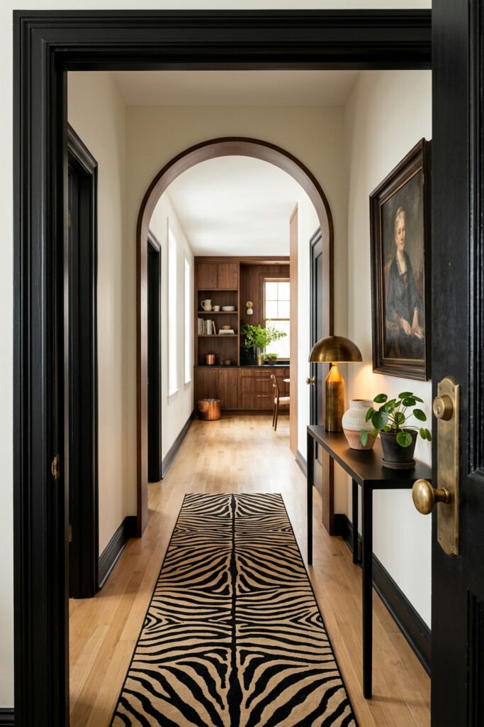 22 Black Nouveau Decor Ideas That Feel Dark, Rich, and Artful 23 Ivory entry with black trim and rounded arch, zebra runner, brass lamp, portrait, greenery, and walnut room beyond.
