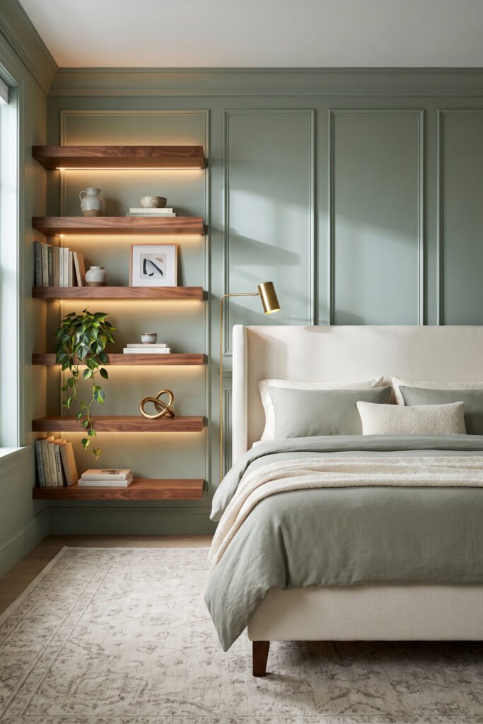 Cream upholstered bed with sage bedding beside glowing walnut shelves on sage paneled wall, books, pottery, plant, brass lamp, and pale rug