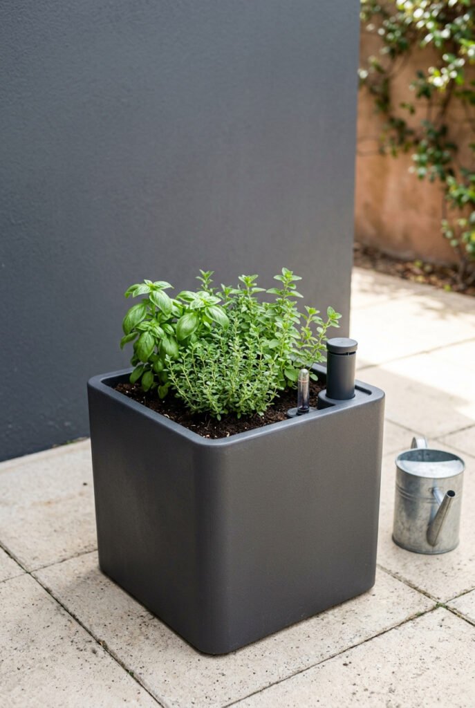 Dark square planter filled with basil and other herbs has a clear water-level indicator and covered fill port, with a metal watering can nearby.