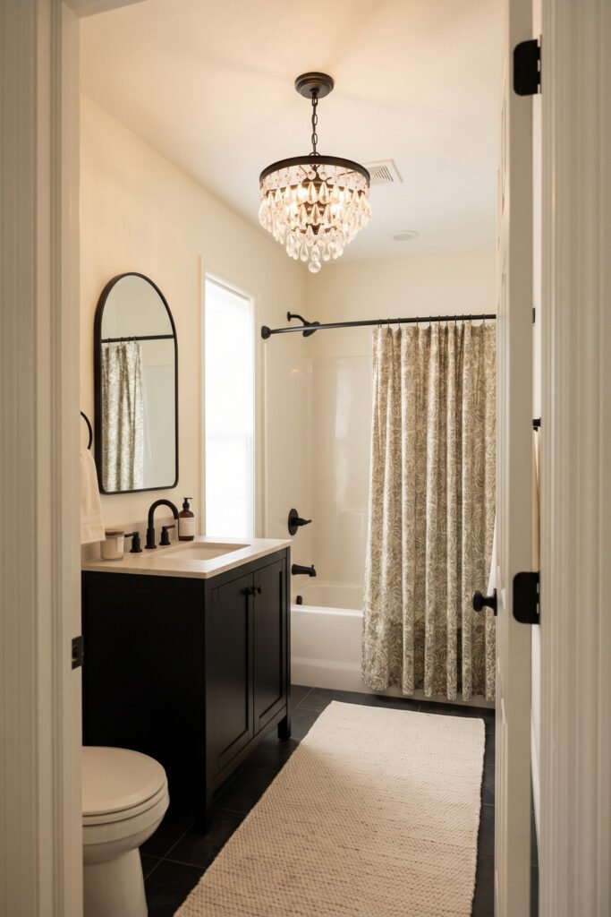 Compact bathroom with black vanity, arched mirror, patterned shower curtain, cream runner, and a crystal-drop ceiling chandelier.