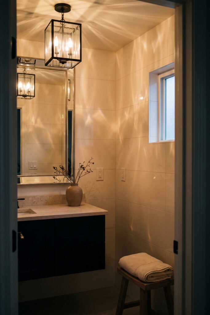 Black-framed glass lantern pendant casts patterned light across a tiled bathroom with a floating dark vanity and large mirror.