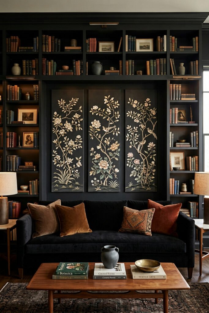 22 Black Nouveau Decor Ideas That Feel Dark, Rich, and Artful 24 Black built-in library wall with three botanical panels, black velvet sofa, rust-brown cushions, walnut table, books, and ceramics.