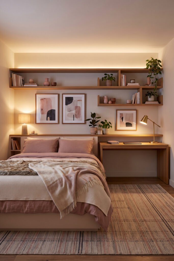 Blush bed beside simple wood desk with coordinated shelving, abstract art, plants, lamps, and striped woven rug
