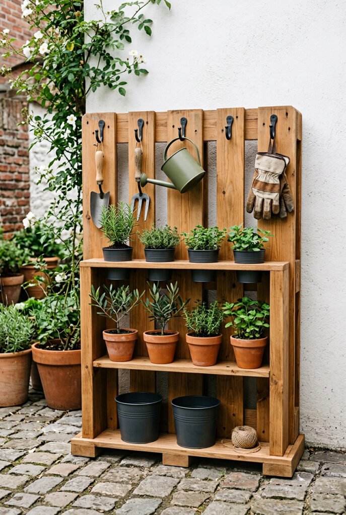 Wood pallet potting station has hooks for a trowel, fork, watering can, and gloves, plus shelves holding herbs, pots, buckets, and twine.