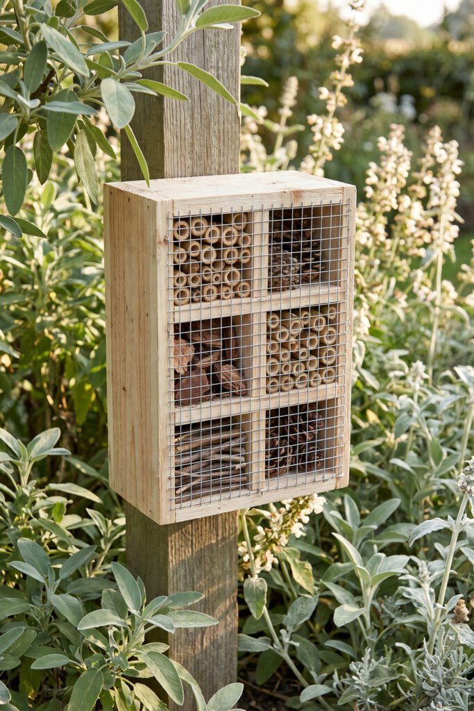 Small wooden bug hotel divided into compartments filled with bamboo tubes, pinecones, bark, twigs, and wire mesh.