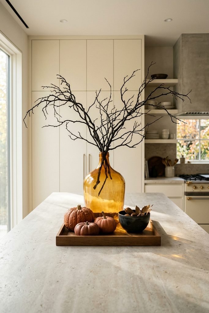Minimal kitchen island with an amber vase of bare branches and a tray of mini pumpkins.