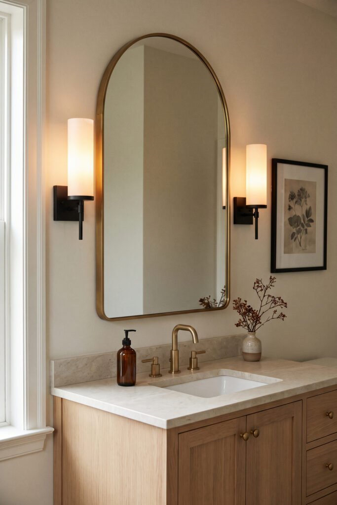 Arched brass mirror framed by two warm sconces and botanical art above a light wood bathroom vanity.