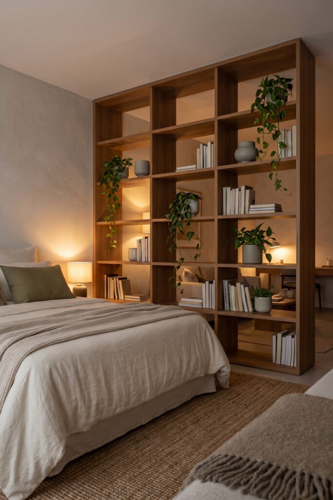 Cream bed separated from rear workspace by tall open wood shelving with books, pottery, trailing plants, and warm lamps