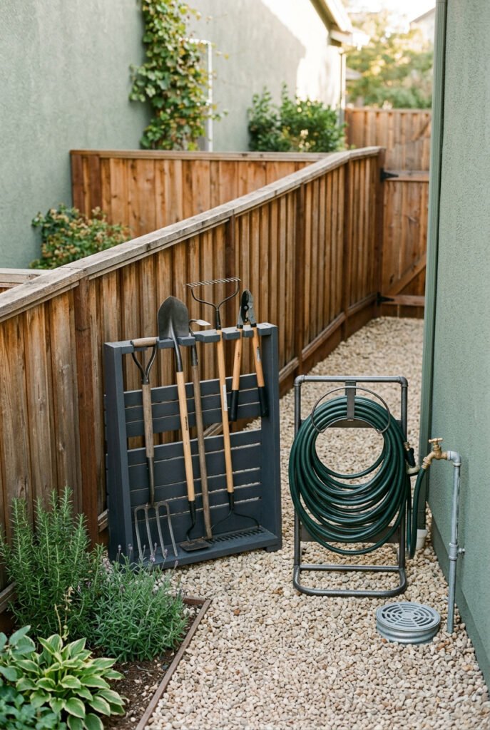 Freestanding garden-tool rack holds shovels, a fork, hoe, and pruning shears beside a coiled hose stand on a gravel side path.