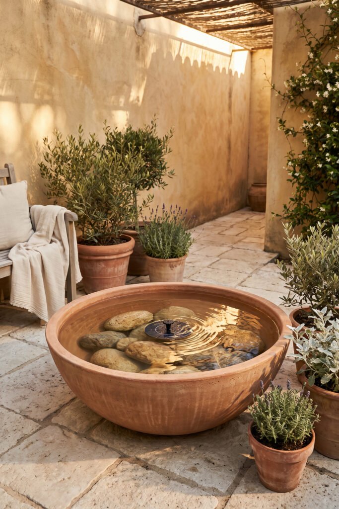 Weathered round metal basin with a small solar fountain and smooth stones, surrounded by terracotta pots and green herbs.