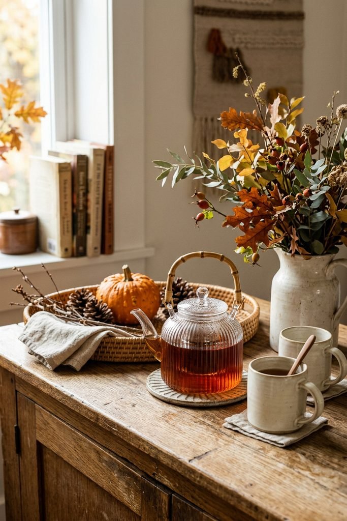 Rustic table with a glass teapot, mugs, pumpkin, and a fall floral arrangement by the window.
