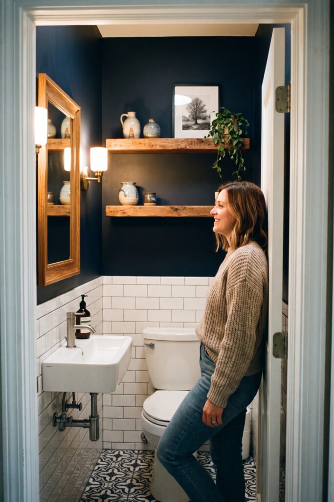 Person stands in a compact navy bathroom with white subway tile, wall-mounted sink, wood-framed mirror, and floating oak shelves.