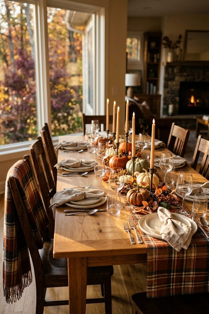 Long dining table with a plaid runner, taper candles, pumpkins, and neutral place settings.