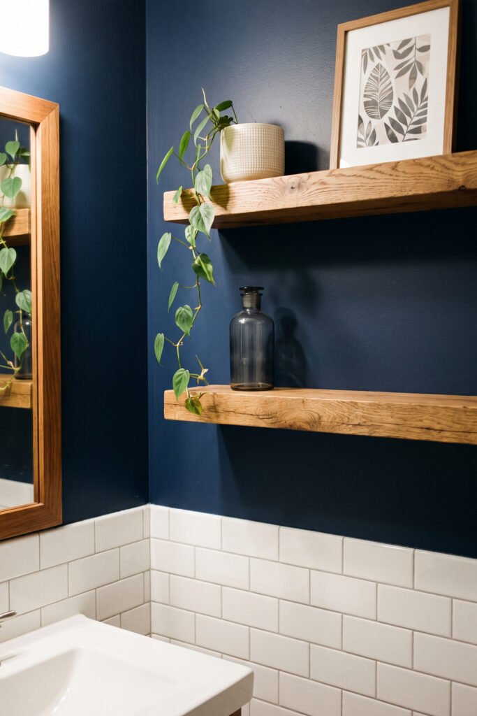 Floating oak shelves with trailing greenery, framed botanical art, and a charcoal bottle contrast with navy walls and white subway tile.