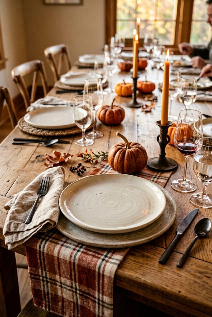 Close-up autumn place setting with a plaid runner, mini pumpkins, candles, and stemware.