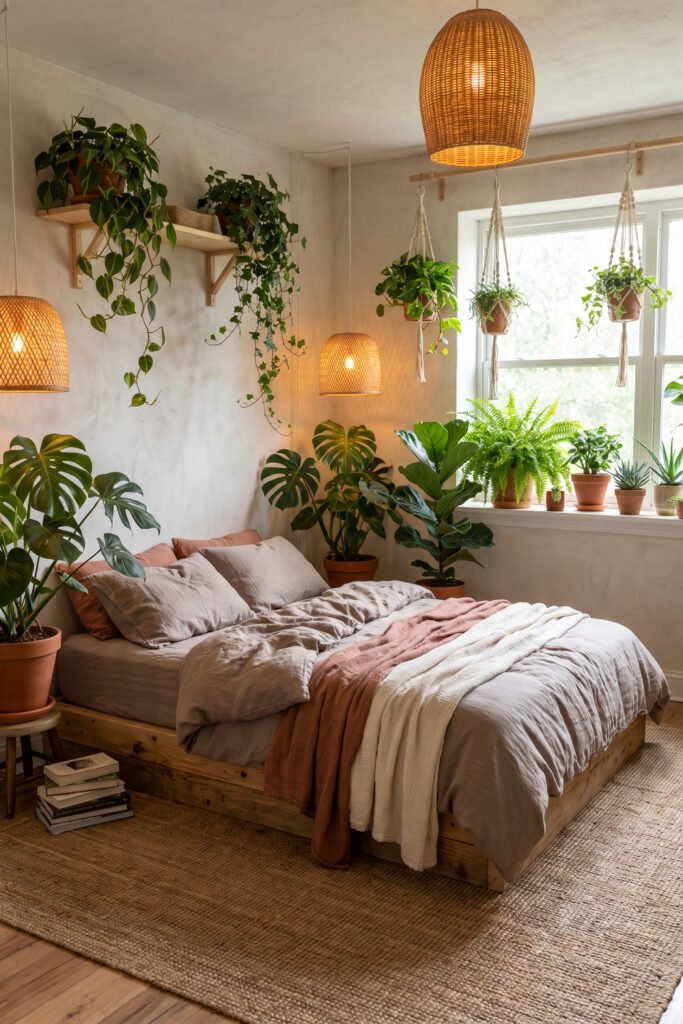 Low wood bed with taupe and clay bedding surrounded by floor, shelf, window, and hanging plants, terracotta pots, rattan pendants, and woven rug