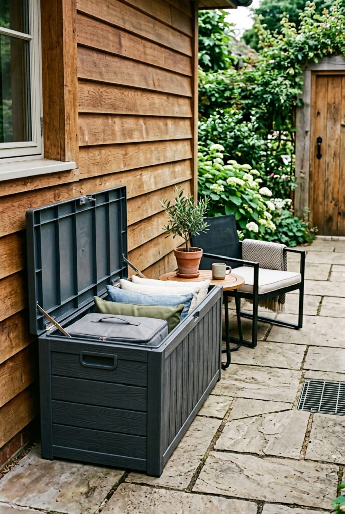 Open dark gray outdoor storage box holds seat cushions and a lidded bin beside a small patio chair, round table, and potted tree.