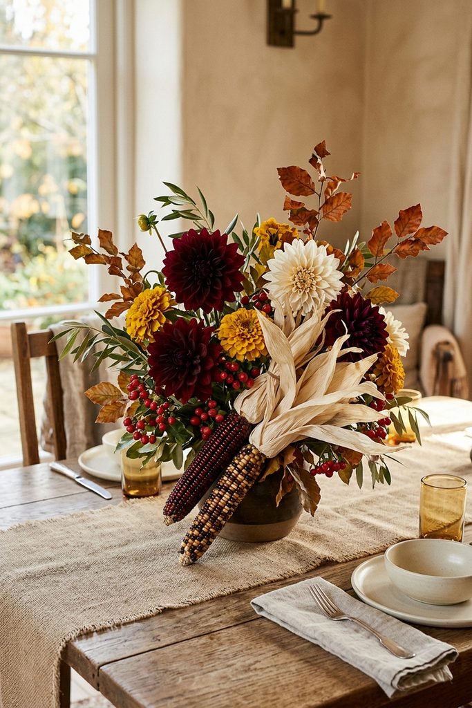 Fall centerpiece with dahlias, berries, dried corn, and leaves on a wooden dining table.