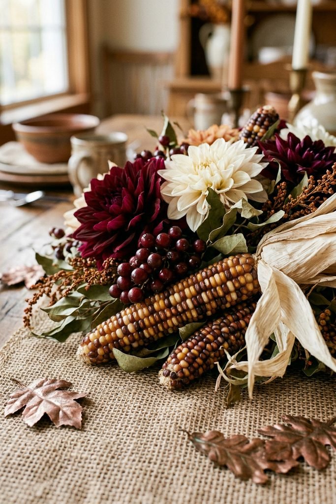 Close-up of a fall centerpiece with dahlias, berries, dried corn, and a burlap table runner.