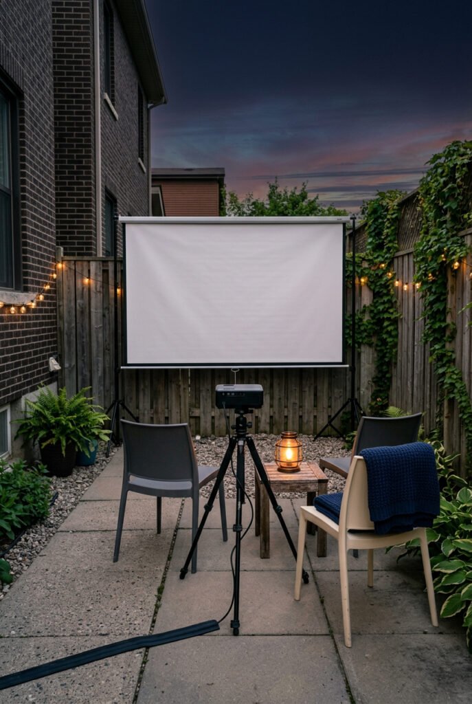 Roll-up projection screen, tripod-mounted projector, and four patio chairs create an outdoor movie setup under fence-mounted string lights.