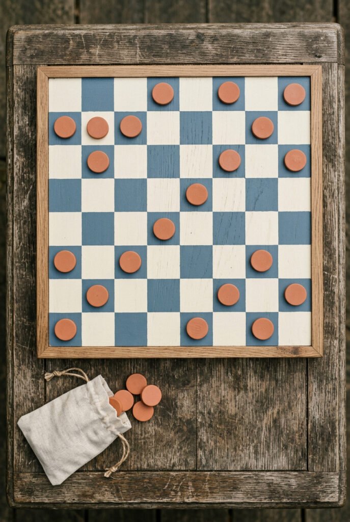 Blue-and-white checkerboard game top with round terracotta-colored pieces and a drawstring storage bag rests on a weathered wood table.
