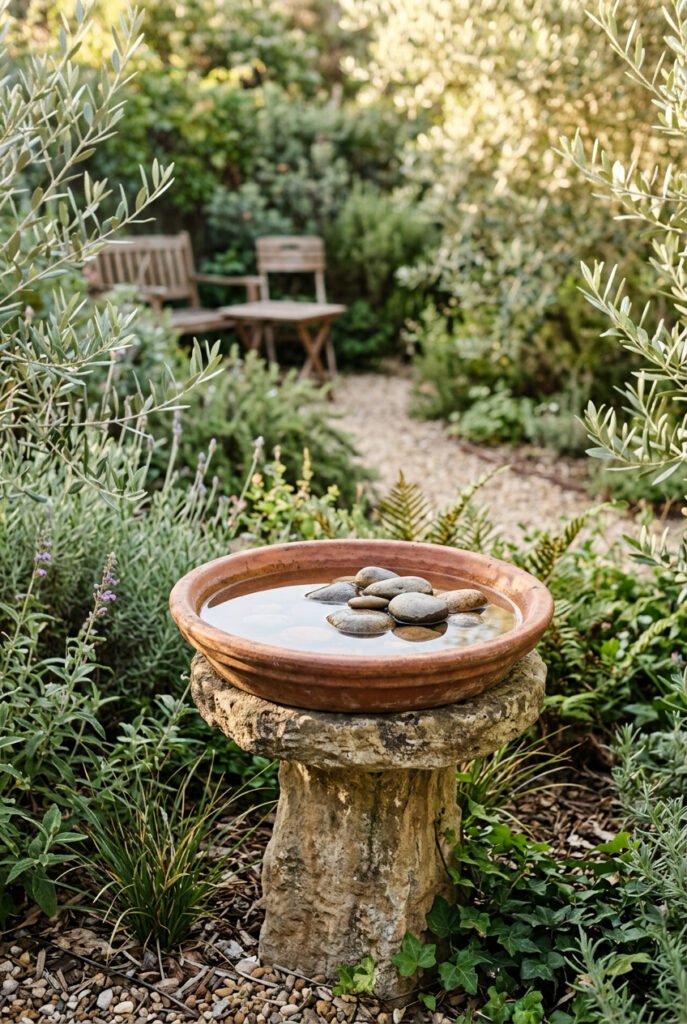 Shallow terracotta water bowl filled with smooth stones rests on a weathered stone pedestal among lavender, ferns, ivy, and olive branches.