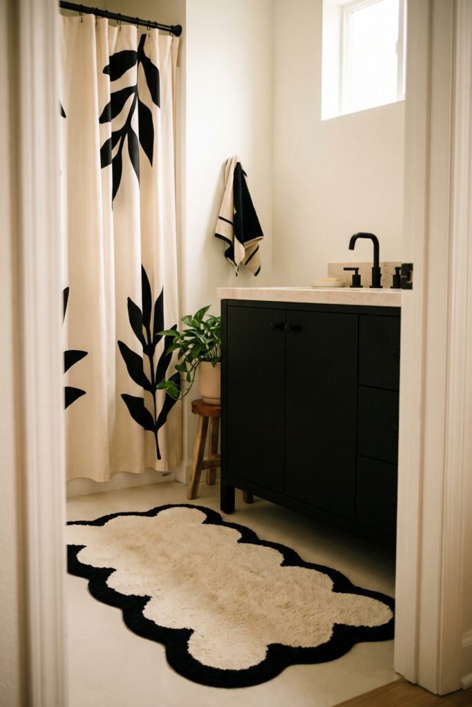 Black vanity and abstract leaf shower curtain framed by a large cream bath rug with a bold scalloped black edge.