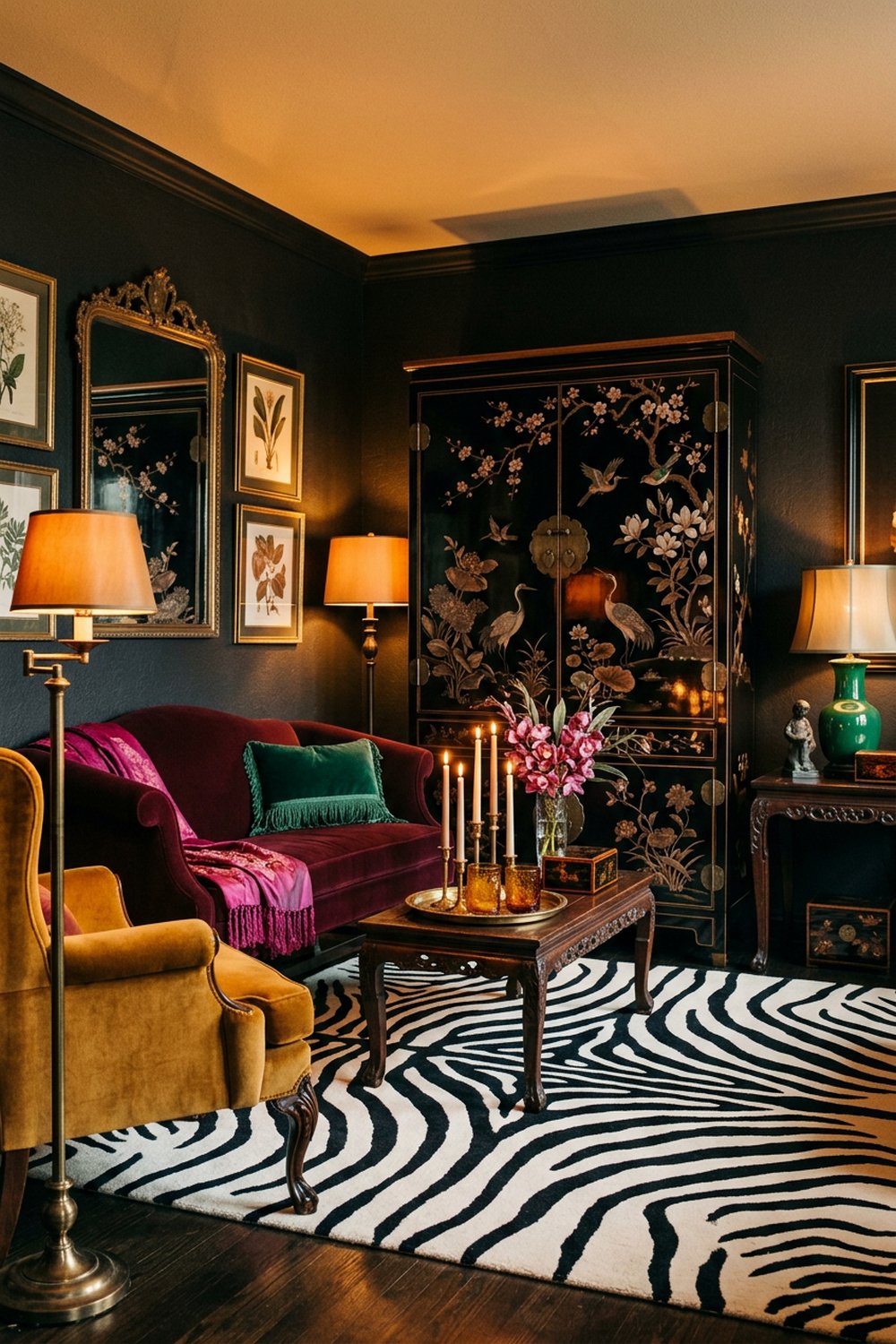 Black salon with a chinoiserie cabinet, burgundy sofa, mustard chair, zebra rug, candles, flowers, and green accents.