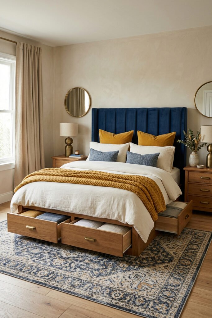 16 Cozy Bedroom Ideas for Couples to Create a Warm Shared Retreat 5 Storage bed with open wood drawers, deep blue upholstered headboard, mustard pillows and throw, brass lamps, and a blue patterned rug.