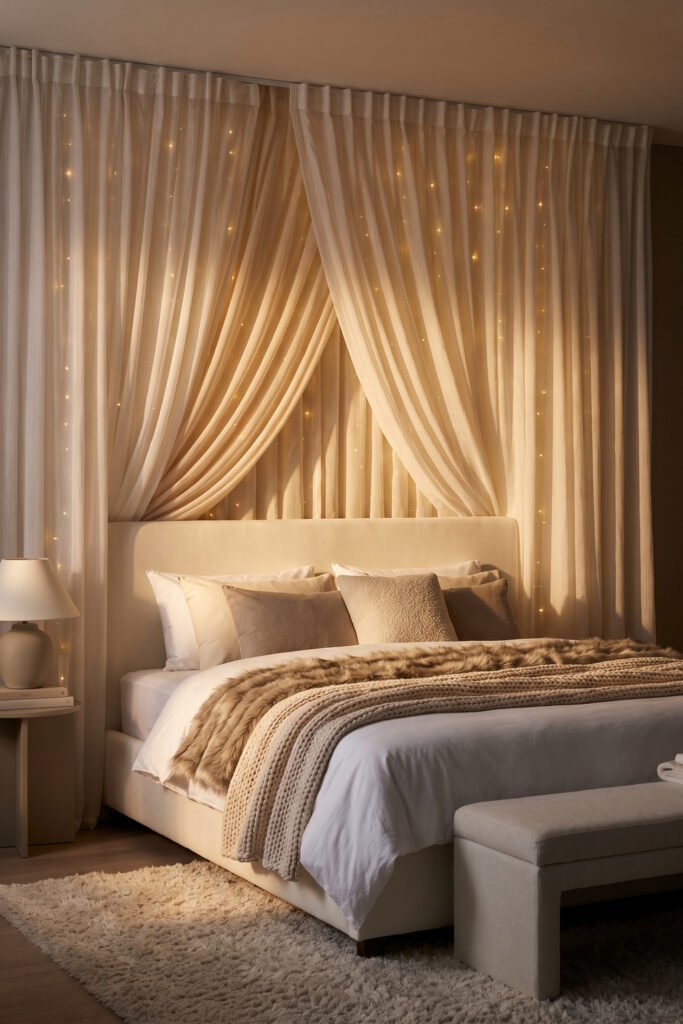 Cream bed before layered sheer curtains with warm fairy lights, faux-fur and knit throws, lamp, rug, and bench