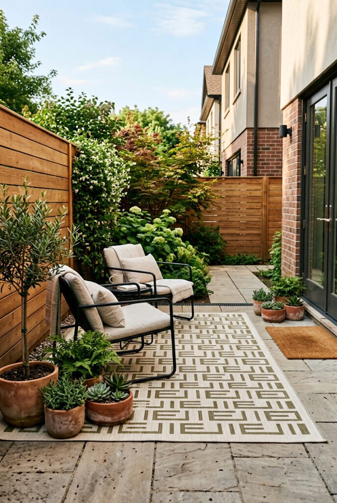 Two cushioned armchairs form a compact backyard lounge on a geometric outdoor rug, with potted plants defining the edge beside a wood fence.