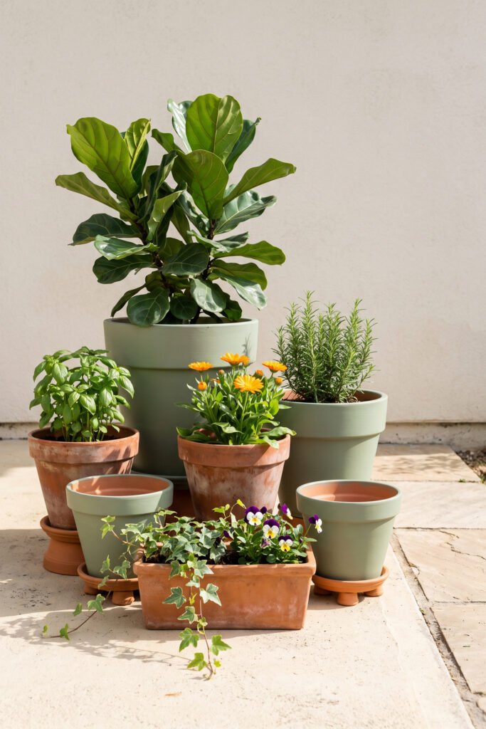 Terracotta and sage-green pots grouped at varied heights with leafy plants, herbs, flowers, and trailing ivy on a pale patio.