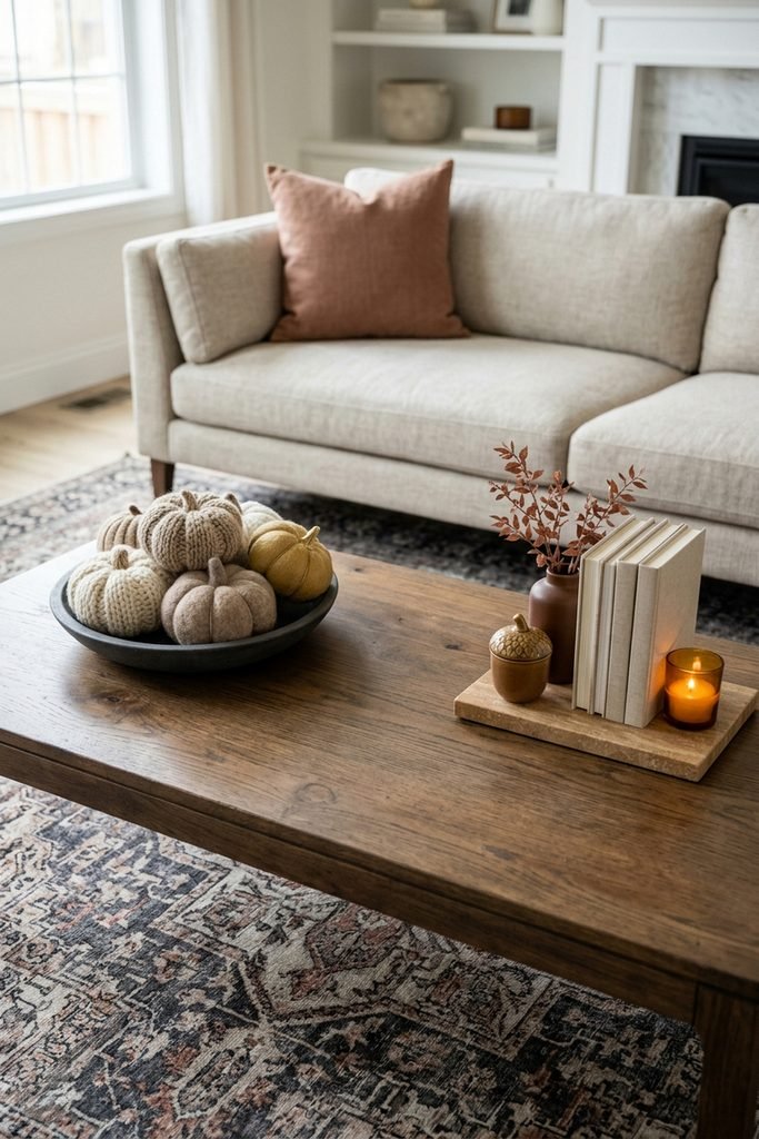 Walnut coffee table with a bowl of knit pumpkins opposite books, rust branches, an acorn jar, and an amber candle.