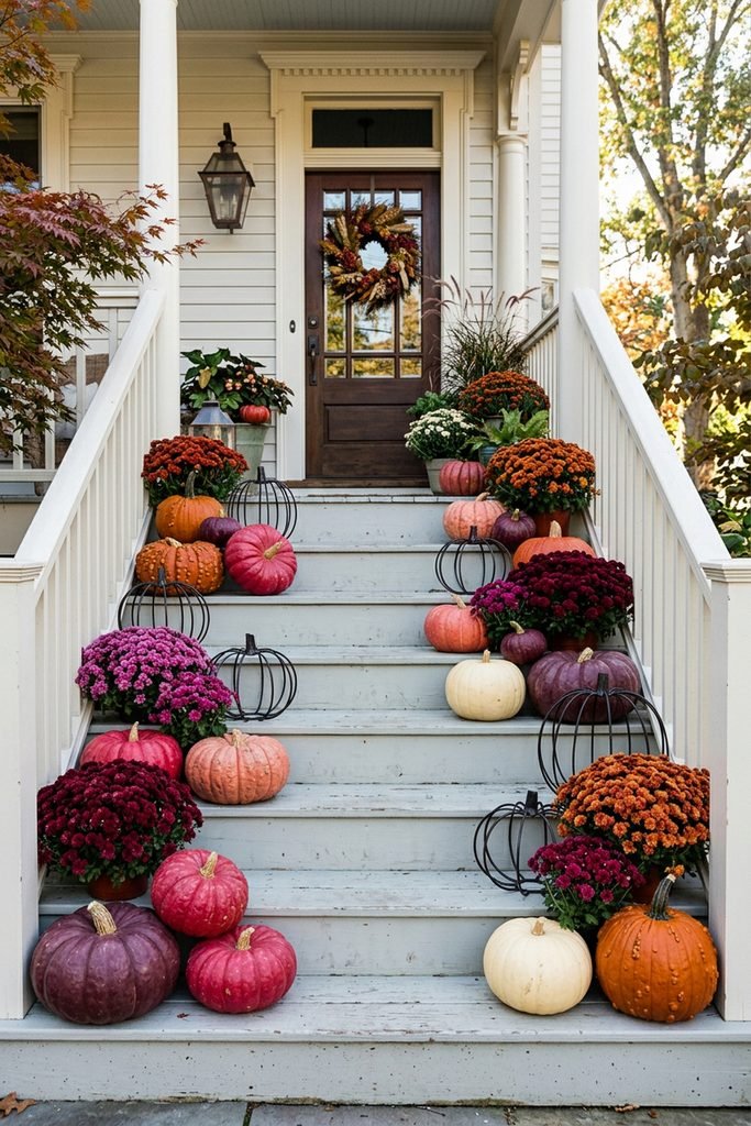 White porch steps styled with colorful mums, heirloom pumpkins, and simple black wire pumpkin accents.