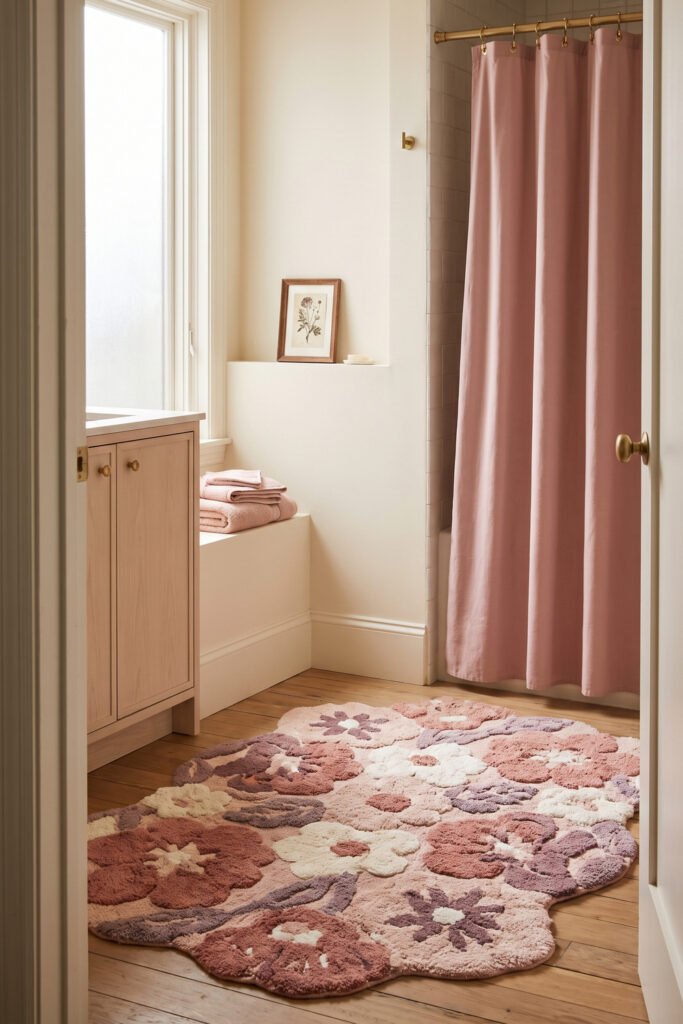 Dusty pink bathroom with a floral tufted rug, blush shower curtain, pale wood vanity, folded towels, and botanical art.