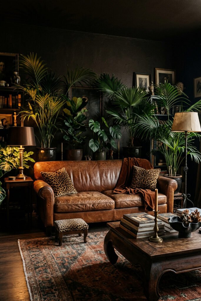 22 Black Nouveau Decor Ideas That Feel Dark, Rich, and Artful 6 Cognac leather sofa with leopard cushions surrounded by palms, dark shelving, a faded patterned rug, and carved wood table.