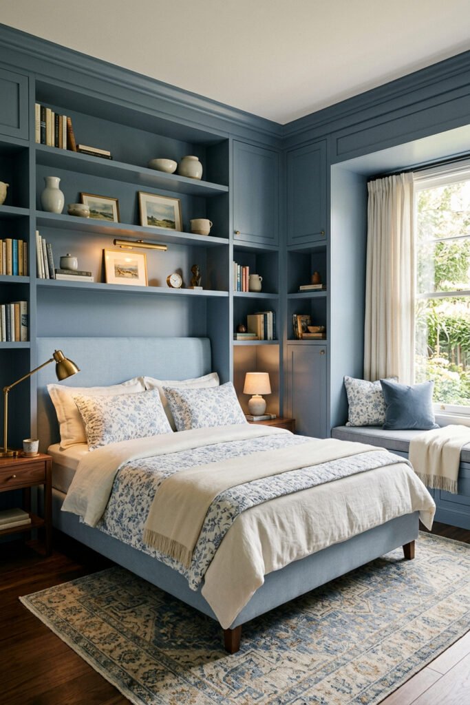 16 Cozy Bedroom Ideas for Couples to Create a Warm Shared Retreat 6 Blue bedroom with built-in bookshelves, pale floral bedding, brass reading lamp, window seat, cream curtains, and a blue patterned rug.