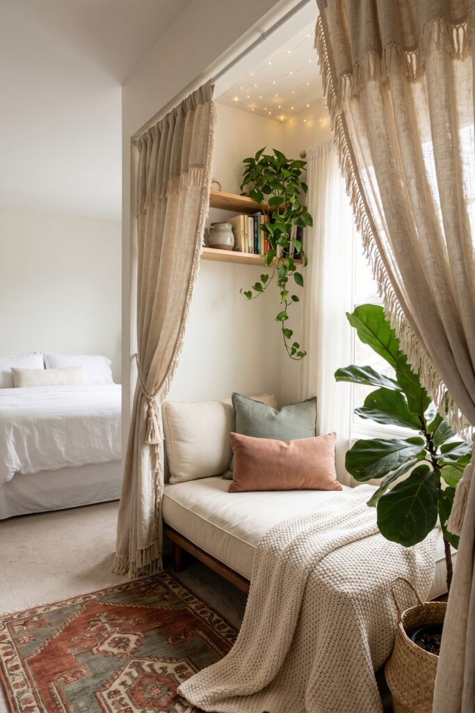 Fringed cream-curtain reading nook with daybed, sage and terracotta pillows, plants, shelves, lights, and visible bed