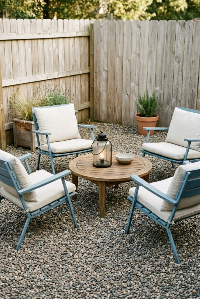 Four cushioned blue metal chairs form a movable conversation circle around a low round wood table on a gravel patio.
