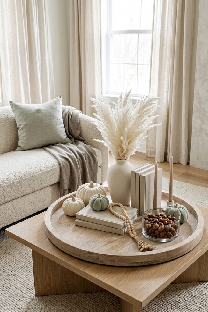 Pale wood tray with ivory pampas, white and sage pumpkins, neutral books, wood beads, tapers, and a glass bowl of acorns.