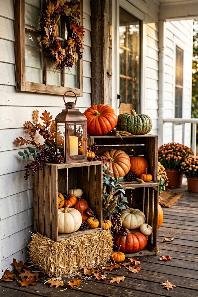 Rustic porch display with stacked wooden crates, lantern, hay bale, and mixed pumpkins.