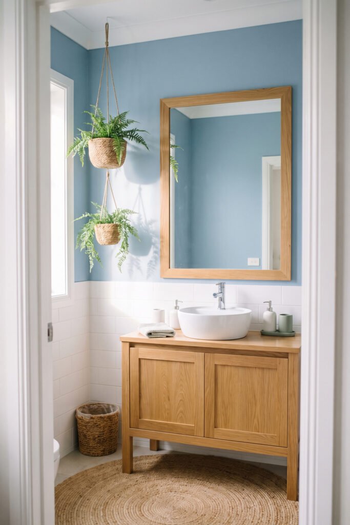 Powder blue bathroom with a light wood vanity, rectangular mirror, hanging fern baskets, white subway tile, and round jute rug.