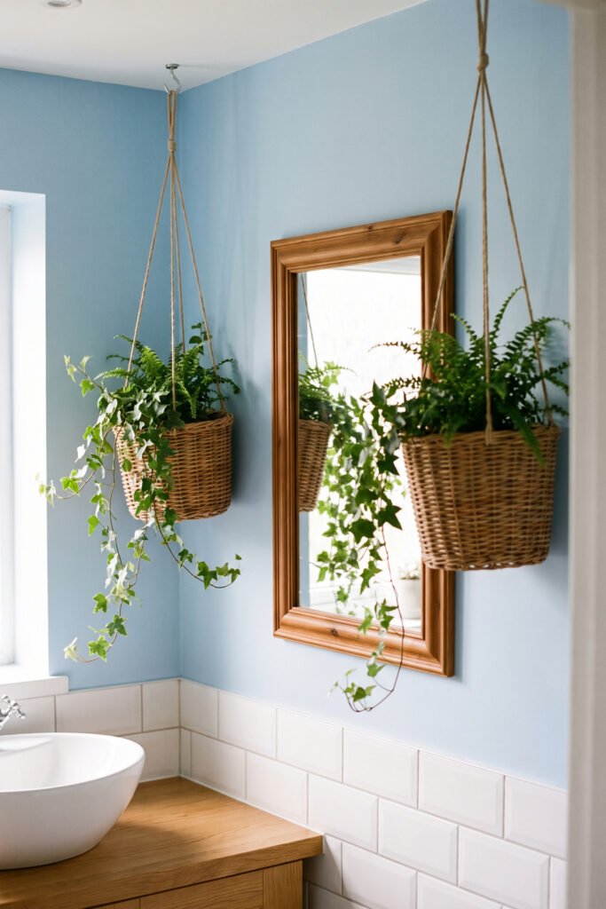 Two woven hanging baskets with cascading greenery frame a wood mirror above a light oak vanity and white subway tile.