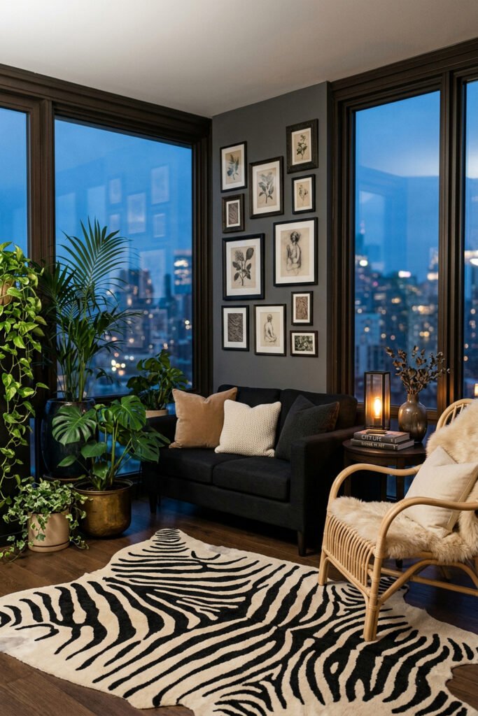 22 Black Nouveau Decor Ideas That Feel Dark, Rich, and Artful 7 Dark city apartment with black sofa, zebra rug, cane chair, lush plants, gallery wall, and warm lamp at dusk.
