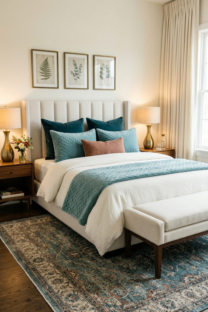 16 Cozy Bedroom Ideas for Couples to Create a Warm Shared Retreat 7 Ivory upholstered bed layered with teal and aqua pillows, blush accent cushion, brass lamps, botanical prints, bench, and patterned rug.