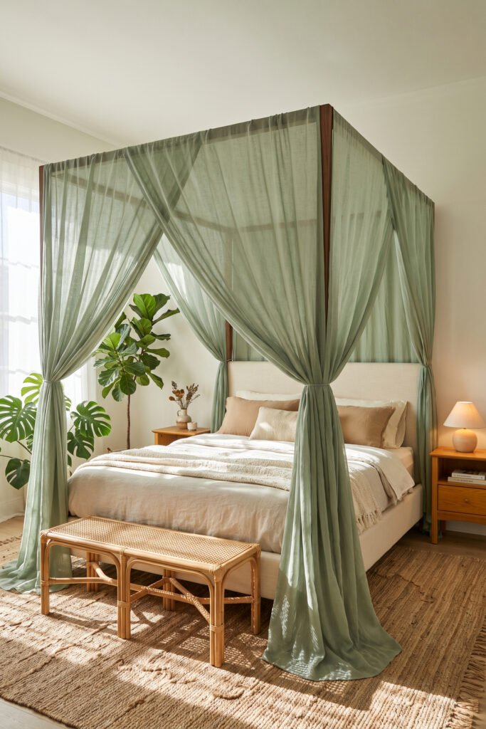 Cream bed inside sage canopy curtains with wood nightstands, rattan bench, plants, and woven rug