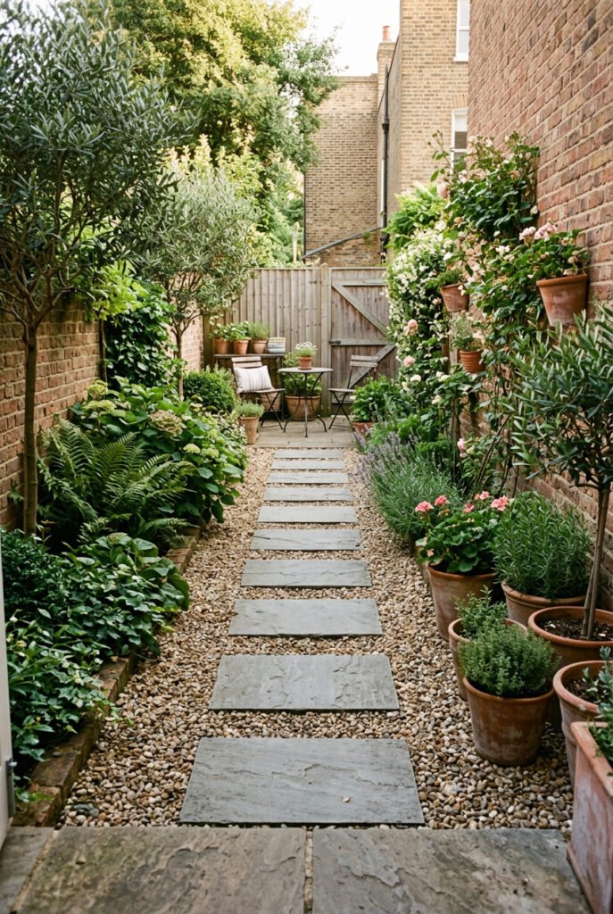Rectangular gray stepping stones form a route through pale gravel, bordered by dense foliage and terracotta pots in a narrow side yard.